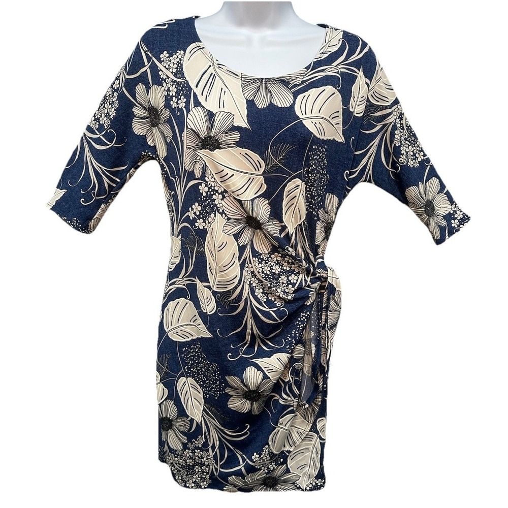 Robbie Bee Dress Women's PM Medium Navy Blue White Hawaiian Floral Stretch Midi - Picture 1 of 11